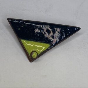 Vintage Enamel on Copper 3 Dimensional Black & Neon Yellow Triangle Brooch Pin